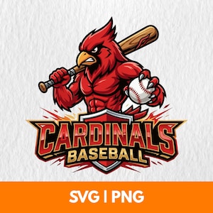 May include: A red cardinal mascot holding a baseball bat and a baseball. The logo features the text "Cardinals Baseball" in a shield design with a red and gold color scheme. The image also includes the text "SVG | PNG".