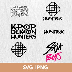Peut inclure: Plusieurs logos et textes noirs et blancs sur fond blanc. Les motifs comprennent les textes "K-POP DEMON HUNTERS", "HUNTR/X" et "Saja BOYS". Le bas de l'image contient le texte "SVG | PNG".