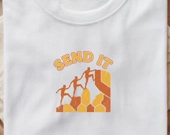 Camiseta de escalada "Envíalo" / Regalo retro de escalada en roca, camiseta con gráfico de montaña vintage, camiseta estética de los años 70 para actividades al aire libre, camiseta de trabajo en equipo para compañeros de escalada