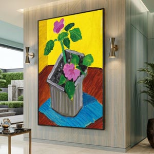 David Hockney Style Pink Flower Pot Canvas Wall Art, Bright Modern Floral Printing, Colorful Abstract Home Decoration