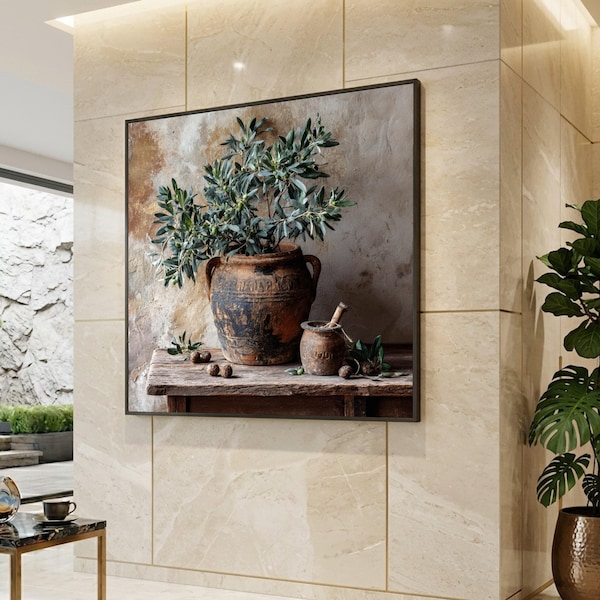 Rustic Mediterranean Olive Branch Canvas, Vintage Clay Pot Wall Art, Still Life Home Decor, Rustic Kitchen Canvas, Natural Botanical Art