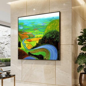 Vibrant Patchwork Landscape Canvas, David Hockney Style, Modern Abstract Art, Colorful Countryside Wall Art, Contemporary Canvas Decoration