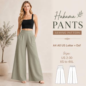 Op de afbeelding: Een vrouw draagt een zwarte crop top en een saliegroene broek met wijde pijpen. De afbeelding bevat de tekst "Hakama PANTS SEWING PATTERN" en maten van US 2-30 en XS tot 4XL.
