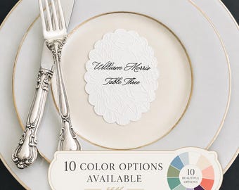 Customizable Embossed Oval Floral Place Cards, Minimalist Elegant Wedding Escort Cards, White Place Cards, Table Setting Name Cards
