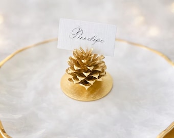 Gold Pine Cone Place Card Holder, Thanksgiving Table Decor, Christmas Table Setting, Holiday Dinner Place Cards, Rustic Elegant Wedding