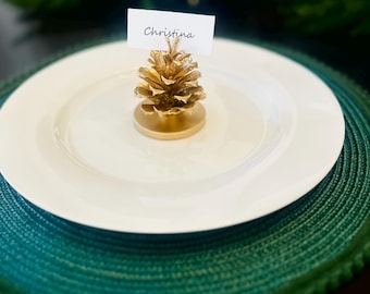 Gold Pine Cone Place Card Holders, Fall Wedding Place Cards, Rustic Wedding Table Decor, Christmas Wedding Reception, Escort Card Holder