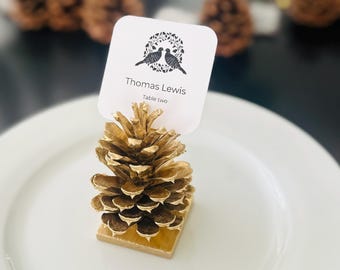 Gold Pine Cone Place Card Holder, Thanksgiving Table Decor, Christmas Table Setting, Holiday Dinner Place Cards, Rustic Elegant Wedding