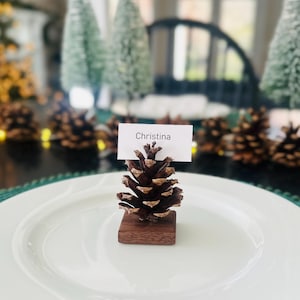 Pine Cone Place Card Holder, Black Walnut Wood Base, Fall Wedding Decor, Thanksgiving Tablescape, Winter Wedding, Rustic Table Decor
