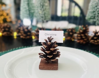 Pine Cone Place Card Holder, Black Walnut Wood Base, Fall Wedding Decor, Thanksgiving Tablescape, Winter Wedding, Rustic Table Decor