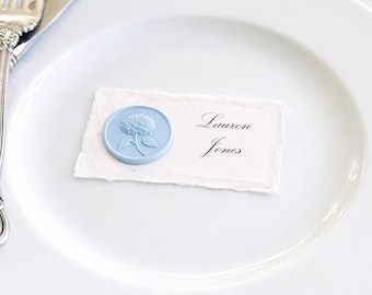 Deckled Paper Place Cards, Deckled Edge, Botanical Wax Seal, Wedding Name Cards, Hydrangea Wax Seal, Blue Hydrangea