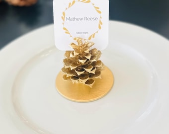 Gold Pine Cone Place Card Holders (With Place Cards) | Holiday Table Décor | Rustic Wedding & Event Decorations | North Carolina Made