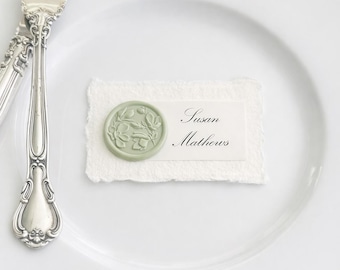 Wedding Place Cards, Escort Cards, Corporate Event, Formal Event, Deckled Edge Name Card, Rehersal Dinner, Sage Green Wax Seal, Meal Choice