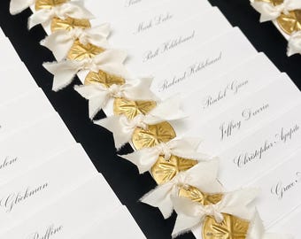 Personalized Sand Dollar Place Cards, Coastal Wedding, Beach Table Decor, Gold Charm Seating Cards