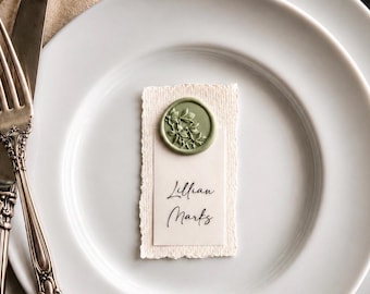 Wedding Place Cards with Wax Seal for Wedding, Corporate Event, Formal Event, Deckled Edge Name Card, Olive Branch Wax Seal, Meal Choice