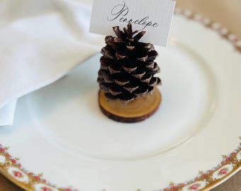 Pine Cone Place Card, Woodland Wedding Decor, Rustic Escort Card Holder, Holiday Table Setting, Thanksgiving Tablescape, Winter Wedding
