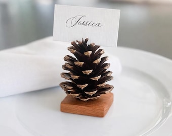 Pine Cone Place Card Holder, Black Cherry Wood Base, Fall Wedding Decor, Thanksgiving Tablescape, Winter Wedding, Rustic Table Decor