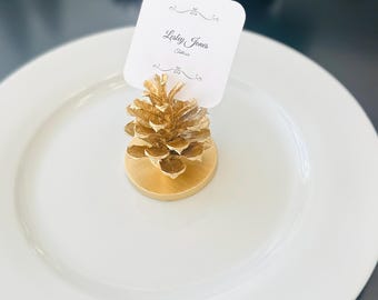 Gold Pine Cone Place Card Holder • Wedding Table Setting • Party Name Card Holder • Rustic Elegant Table Décor • Pine Cone Table Scape