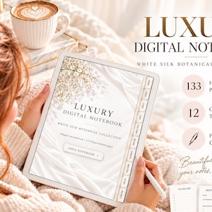 Digital Notebook for Goodnotes, 133 Hyperlinked Pages, White Silk Botanical PDF