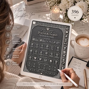 May include: A digital 2027 planner displayed on a tablet screen featuring a dark leather-textured dashboard with ornate silver borders. The interface includes interactive buttons for monthly planning, goals, trackers, and templates with 396 pages total.