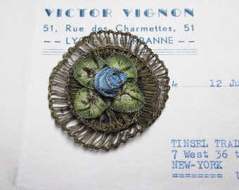 Vintage Antique French Dark Gold Metallic Rosette Applique W/Blue Rosebud Center