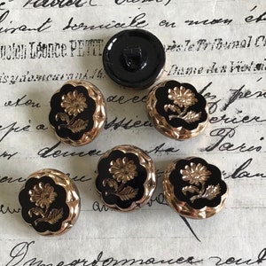 6 Vintage Antique Black Glass W/Gold Indented Flower Buttons