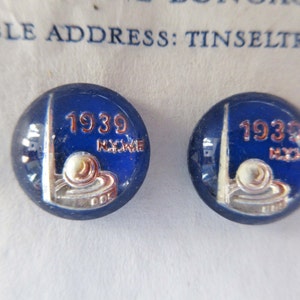 1 Pair Vintage Antique Blue 1939 World's Fair Glass Button Cabochons Jewelry RARE image 1