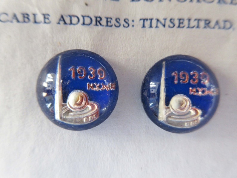 1 Pair Vintage Antique Blue 1939 World's Fair Glass Button Cabochons Jewelry RARE image 1