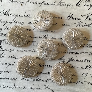 6 Vintage Silver Glass Bugle Bead Buttons With Metal Shank