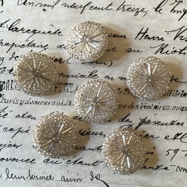 6 Vintage Silver Glass Bugle Bead Buttons With Metal Shank