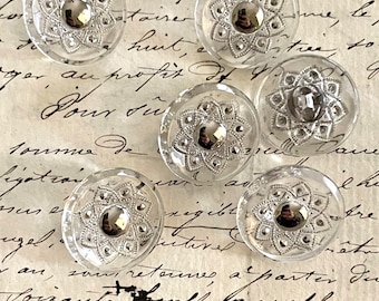 6 Vintage Antique Clear W/Metallic Silver Glass W/Glass Shank Buttons