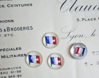 6 Vintage Antique Hand Painted French Flag Glass Cabochon Buttons Ornaments Doll