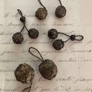 1 Pr Antique/Vintage French Dark Gold Metallic Netted Drop Ball Tassel Trim Bobbles Assorted
