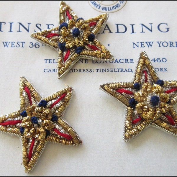 3 pcs Vintage Red/Blue Silver/Gold Metallic Bullion Stars Applique Patriotic