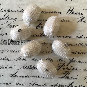 6 Vintage White Satin Glass Bugle Bead Toggle Buttons With Metal Loop Shank