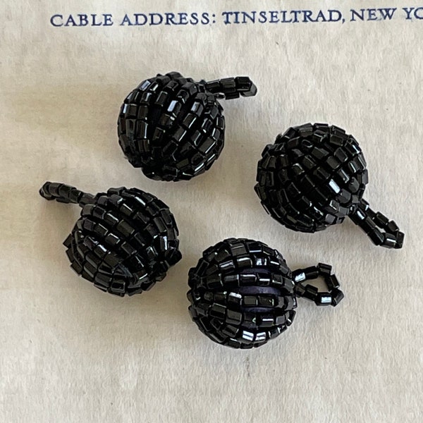 4 Vintage Black Glass Bugle Bead Ball Bobbles Drops Buttons With Bead Loop