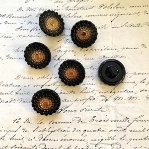 6 Vintage Antique Metallic Gold Center on Black Glass W/Glass Shank Buttons