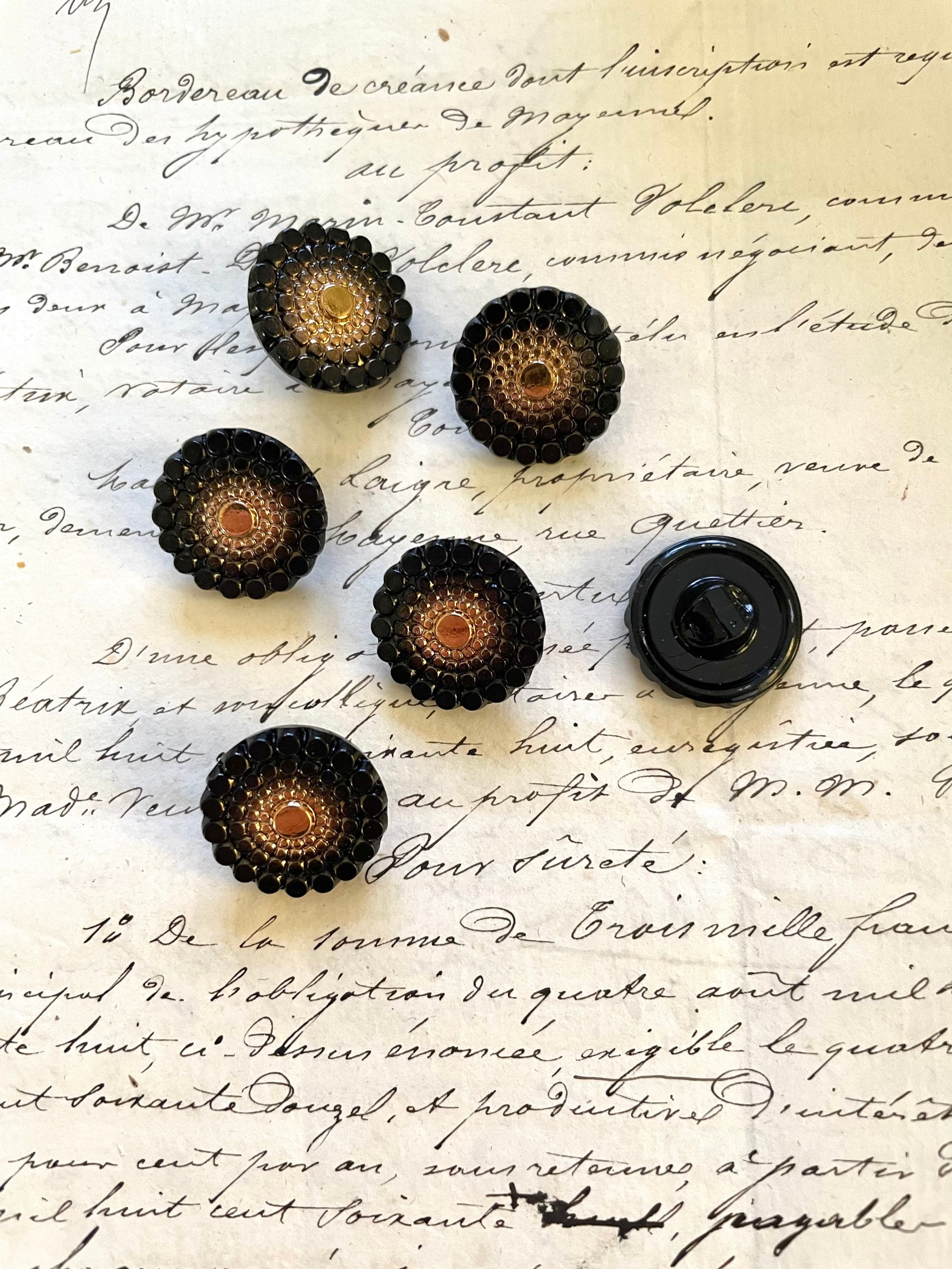 6 Vintage Antique Metallic Gold Center on Black Glass W/Glass Shank Buttons