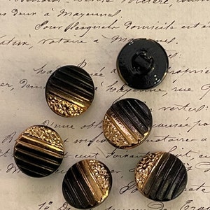 6 Vintage Antique 1/2 Metallic Gold on Black Glass W/Glass Shank Buttons