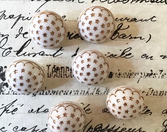 6 pcs Vintage Antique White Glass W/Gold Painted Star Buttons