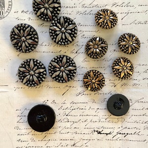 6 Vintage Antique Metallic Gold Floral on Black Glass W/Glass Shank Buttons