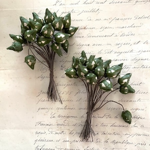May include: A bouquet of green and white fabric flower buds with brown stems. The flowers are arranged in a cluster and tied together with twine. The flowers are reminiscent of vintage fabric flowers.
