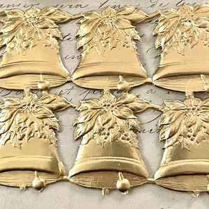6 Gold Dresden Paper Foil Xmas Bells W/Holly Dresden Diecut Victorian Scrap