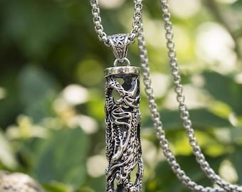Dragon Cylinder Pendant Necklace, Gothic Medallion Necklace for Men, Mythical Creature Jewelry