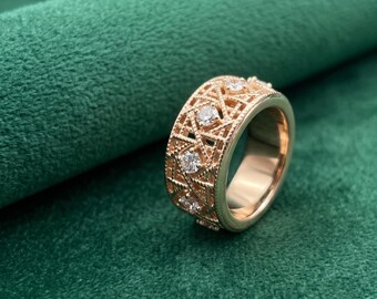 Filigree Band Ring with Sparkling Crystals, Vintage Inspired Geometric Eternity Ring