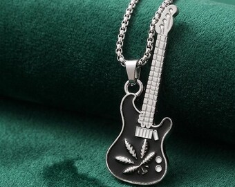 Electric Guitar Necklace, Rocker Music Pendant, Leaf and Flame Instrument Charm,