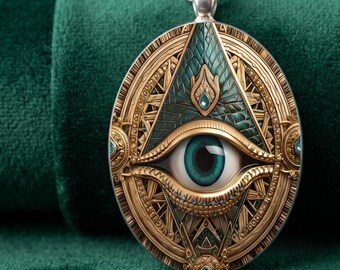 All Seeing Eye Pendant, Mystic Teal Green Necklace, Gothic Protection Amulet