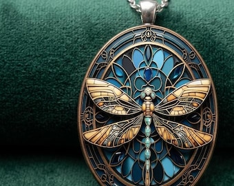 Dragonfly Pendant Necklace, Art Nouveau Stained Glass Jewelry