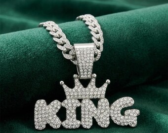 Iced Out King Pendant Necklace, Crystal Cuban Link Chain for Men