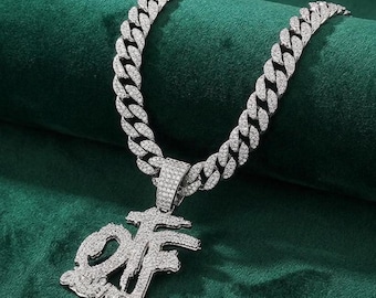 Iced Out OTF Pendant Necklace, Crystal Cuban Link Chain for Men