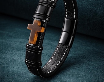 Black Leather Cross Bracelet – Natural Stone Faith Jewelry – Gift for Men
